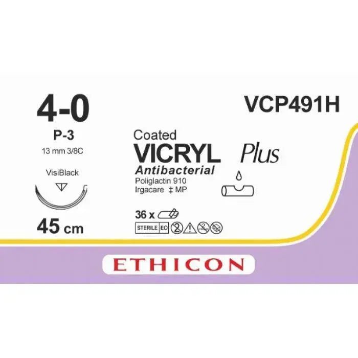 Ethicon VICRYL PLUS Polyglactin 910 Braided Absorbable Antibacterial Surgical Suture – USP 4 - 0 – 18 in (45 cm) – Undyed – Single - Armed P - 3 VB Needle – VCP491H (Box of 36) Size: 4 - 0 Colour: Undyed Style: cutting - VCP491H