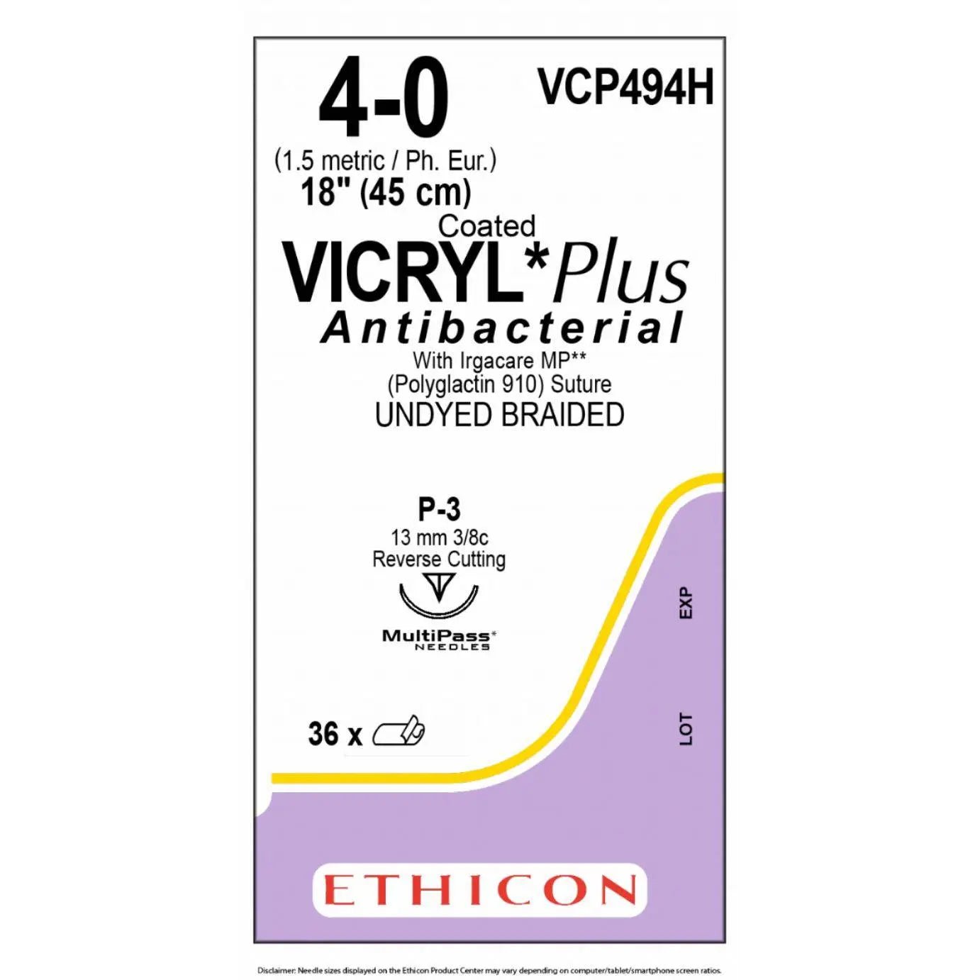 Ethicon VICRYL PLUS Polyglactin 910 Braided Absorbable Antibacterial Surgical Suture VCP494H