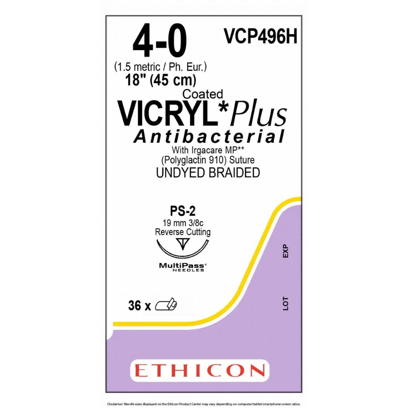 Ethicon VICRYL PLUS Polyglactin 910 Braided Absorbable Antibacterial Surgical Suture VCP496H