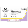 Ethicon VICRYL PLUS Polyglactin 910 Braided Absorbable Antibacterial Surgical Suture – USP 5 - 0 – 45 cm – Undyed – Single - Armed Reverse Cutting Prime Needle 16 mm, 3/8 Circle – VCP500H (Box of 36) - VCP500H