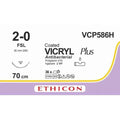 Ethicon VICRYL PLUS Polyglactin 910 Braided Absorbable Antibacterial Surgical Suture – USP 2 - 0 – 70 cm – Violet – Single - Armed Reverse Cutting Needle 30 mm, 3/8 Circle – VCP586H (Box of 36) - VCP586H