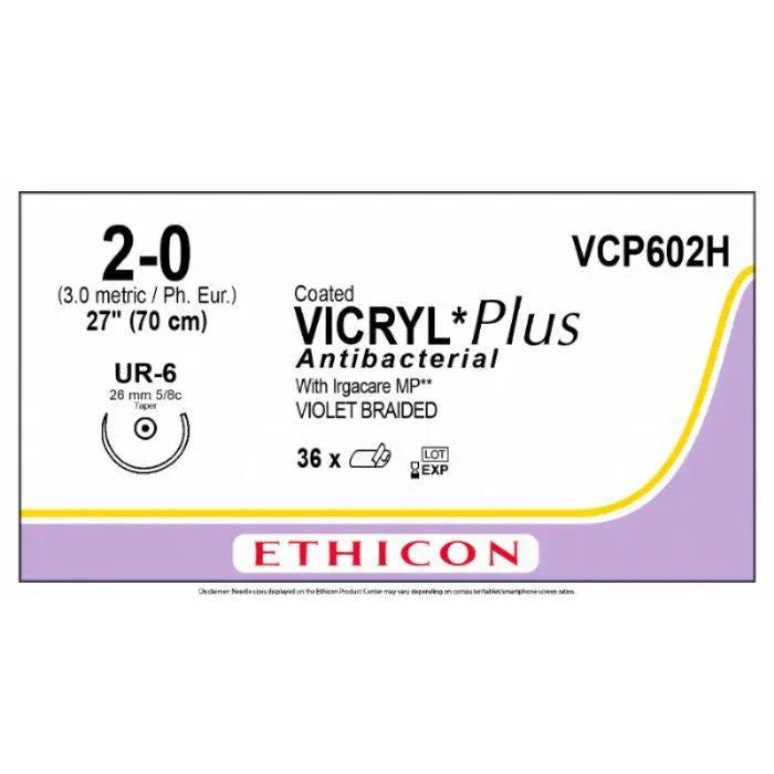 Ethicon VICRYL PLUS Polyglactin 910 Braided Absorbable Antibacterial Surgical Suture – USP 2 - 0 – 70 cm – Violet – Single - Armed Taper Point Needle 26 mm, 5/8 Circle – VCP602H (Box of 36) - VCP602H
