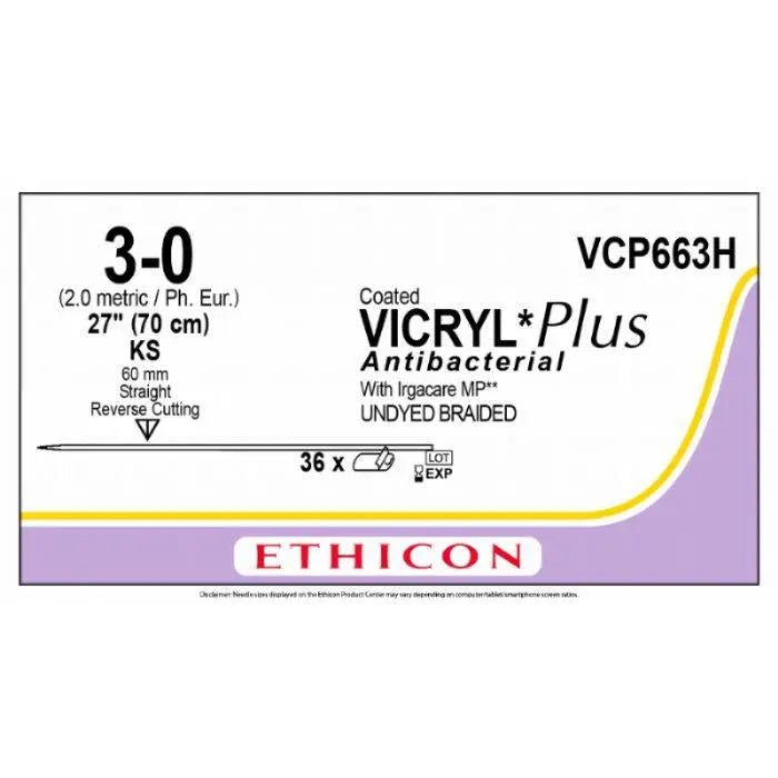 Ethicon VICRYL PLUS Polyglactin 910 Braided Absorbable Antibacterial Surgical Suture – USP 3 - 0 – 70 cm – Undyed – Single - Armed Reverse Cutting STRAIGHT Needle 60 mm – VCP663H (Box of 36) - VCP663H
