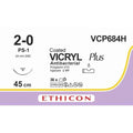 Ethicon VICRYL PLUS Polyglactin 910 Braided Absorbable Antibacterial Surgical Suture – USP 2 - 0 – 18 in (45 cm) – Undyed – Single - Armed PS - 1 PRM Needle – VCP684H (Box of 36) - VCP684H