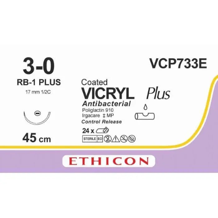Ethicon VICRYL PLUS Polyglactin 910 Braided Absorbable Antibacterial Surgical Suture – USP 3 - 0 – 45 cm – Violet – Single - Armed Taper Point Plus Needle 17 mm, 1/2 Circle – VCP733E (Box of 24) - VCP733E