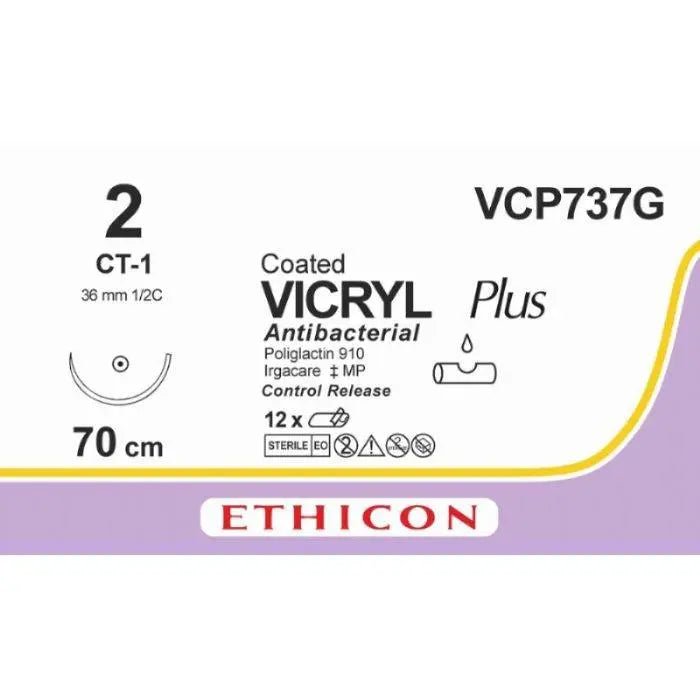Ethicon VICRYL PLUS Polyglactin 910 Braided Absorbable Antibacterial Surgical Suture – USP 2 – 4 × 27 in (68 cm) – Violet – Single - Armed CT - 1 CR Needle – VCP737G (Box of 12) - VCP737G