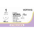 Ethicon VICRYL PLUS Polyglactin 910 Braided Absorbable Antibacterial Surgical Suture – USP 1 – 45 cm – Violet – Single - Armed Taper Point Needle 36 mm, 1/2 Circle – VCP741G (Box of 12) - VCP741G