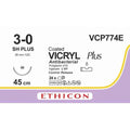 Ethicon VICRYL PLUS Polyglactin 910 Braided Absorbable Antibacterial Surgical Suture – USP 3 - 0 – 45 cm – Violet – Single - Armed Taper Point Plus Needle 26 mm, 1/2 Circle – VCP774E (Box of 24) - VCP774E