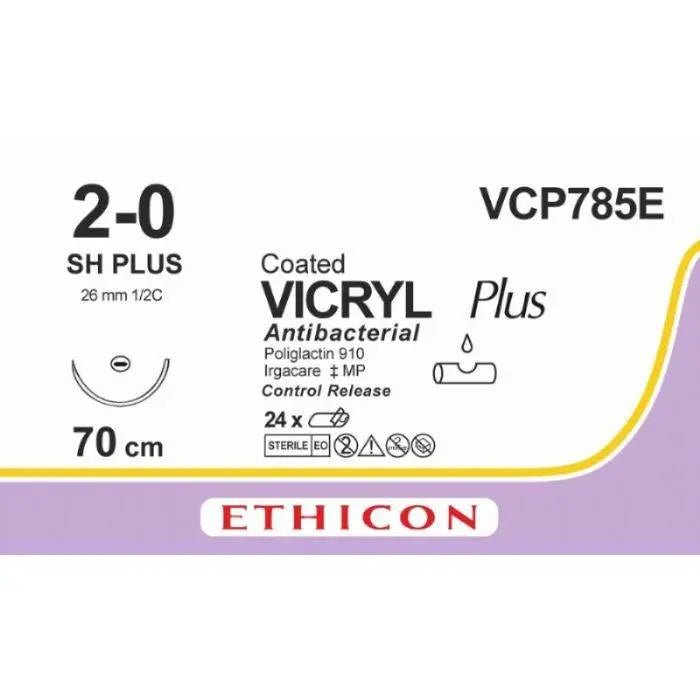 Ethicon VICRYL PLUS Polyglactin 910 Braided Absorbable Antibacterial Surgical Suture – USP 2 - 0 – 8 × 27 in (68 cm) – Violet – Single - Armed SH PLUS C Needle – VCP785E (Box of 24) - VCP785E