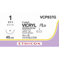 Ethicon VICRYL PLUS Polyglactin 910 Braided Absorbable Antibacterial Surgical Suture – USP 1 – 45 cm – Violet – Single - Armed Taper Point Needle 36 mm, 1/2 Circle – VCP837G (Box of 12) Size: 1 Colour: Violet Style: non cutting - VCP837G