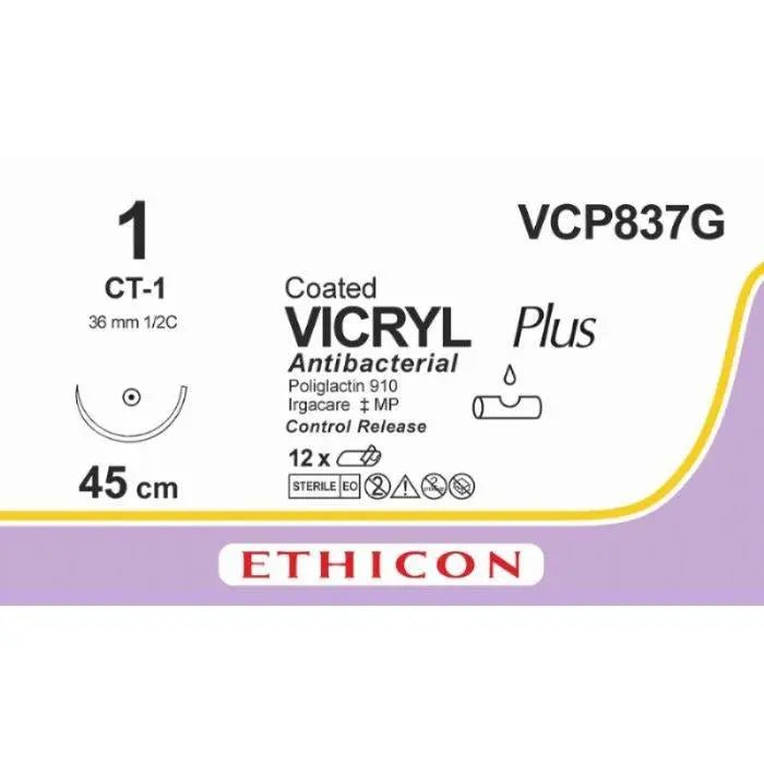 Ethicon VICRYL PLUS Polyglactin 910 Braided Absorbable Antibacterial Surgical Suture – USP 1 – 45 cm – Violet – Single - Armed Taper Point Needle 36 mm, 1/2 Circle – VCP837G (Box of 12) Size: 1 Colour: Violet Style: non cutting - VCP837G