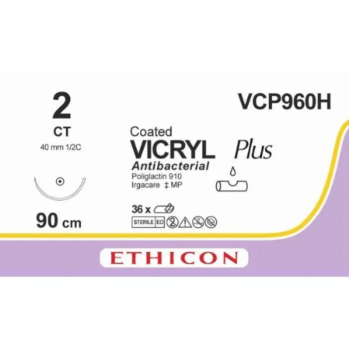 Ethicon VICRYL PLUS Polyglactin 910 Braided Absorbable Antibacterial Surgical Suture – USP 2 – 36 in (90 cm) – Undyed – Single - Armed CT Needle – VCP960H (Box of 36) Size: 2 Colour: Undyed Style: non cutting - VCP960H