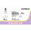 Ethicon VICRYL PLUS Polyglactin 910 Braided Absorbable Antibacterial Surgical Suture – USP 0 – 27 in (68 cm) – Violet – Single - Armed V - 5 Needle – VCP987H (Box of 36) Size: 0 Colour: Violet Style: non cutting - VCP987H