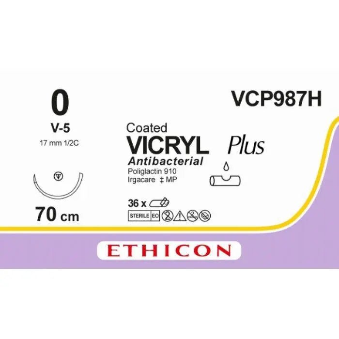 Ethicon VICRYL PLUS Polyglactin 910 Braided Absorbable Antibacterial Surgical Suture – USP 0 – 27 in (68 cm) – Violet – Single - Armed V - 5 Needle – VCP987H (Box of 36) Size: 0 Colour: Violet Style: non cutting - VCP987H