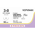 Ethicon VICRYL PLUS Polyglactin 910 Braided Absorbable Antibacterial Surgical Suture – USP 3 - 0 – 90 cm – Undyed – Single - Armed Taper Point Plus Needle 36 mm, 1/2 Circle – VCPV944H (Box of 36) Size: 3 - 0 Colour: Undyed Style: non cutting - VCPV944H