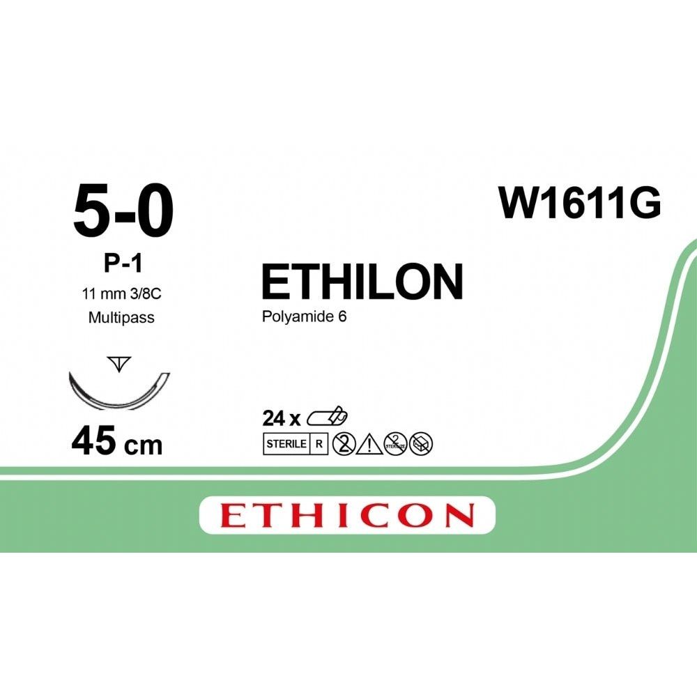 Ethicon ETHILON Black Monofilament Non - Absorbable Surgical Suture USP 5 - 0 18 in (45 cm) Black P - 1 Prime Cutting Needle 11 mm 3/8 Circle W1611G (Box of 12) - W1611G