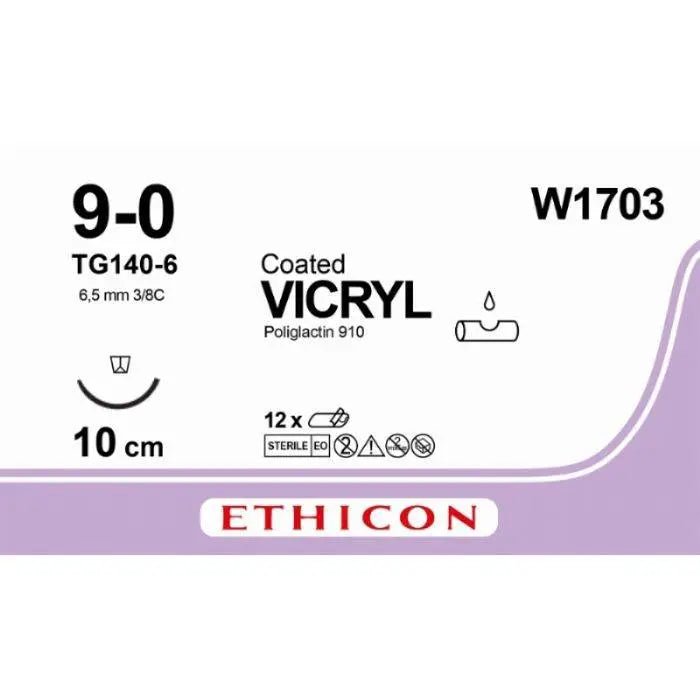 Ethicon VICRYL Coated Polyglactin 910 Absorbable Surgical Suture – USP 9 - 0 – 10 cm – Violet – Single - Armed Reverse Spatula Needle 6.5 mm, 3/8 Circle – W1703 (Box of 12) Size: 9 - 0 Colour: Violet Style: Reverse Spatula - W1703