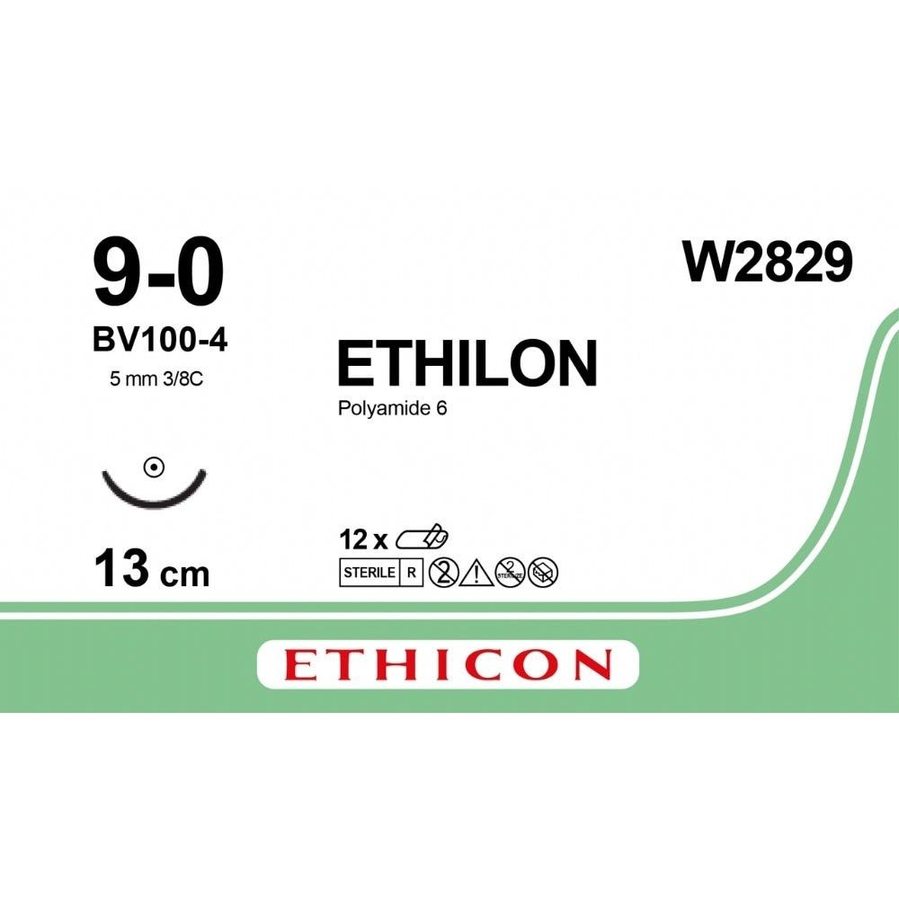 Ethicon ETHILON Black Monofilament Non - Absorbable Microsurgical Suture USP 9 - 0 5 in (13 cm) Black BV100 - 4 Taper Point Needle 4 mm 3/8 Circle W2829 (Box of 12) - W2829
