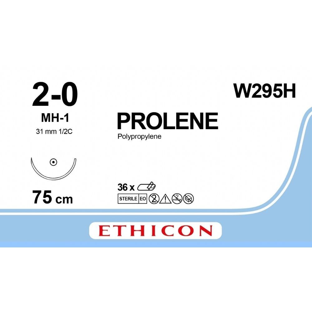 Ethicon PROLENE Polypropylene Blue Non - Absorbable Surgical Suture USP 2 - 0 75 cm MH - 1 Taper Point Needle W295H (Box of 36) - W295H