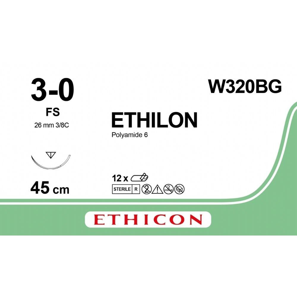 Ethicon ETHILON Black Monofilament Non - Absorbable Surgical Suture USP 3 - 0 18 in (45 cm) Black FS Reverse Cutting Needle 26 mm 3/8 Circle W320BG (Box of 12) - W320BG
