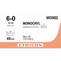 Ethicon MONOCRYL Poliglecaprone 25 Absorbable Monofilament Surgical Suture – USP 6 - 0 – 45 cm – Undyed – Double - Armed Reverse Spatula Needles 8 mm – 1/4 Circle – W3552 (Box of 12) Size: 6 - 0 Colour: Undyed Style: cutting - SutureW3552