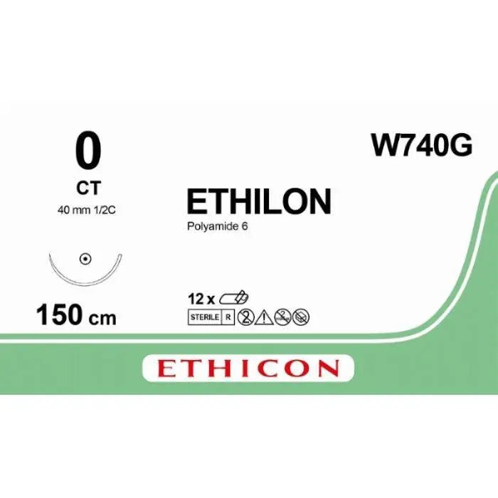 Ethicon ETHILON™ Black Monofilament Non - Absorbable Surgical Suture – USP 0 – 60 in (150 cm) – Black – CT Taper Point Needle 48 mm – 1/2 Circle – W740G (Box of 12) - SutureW740G