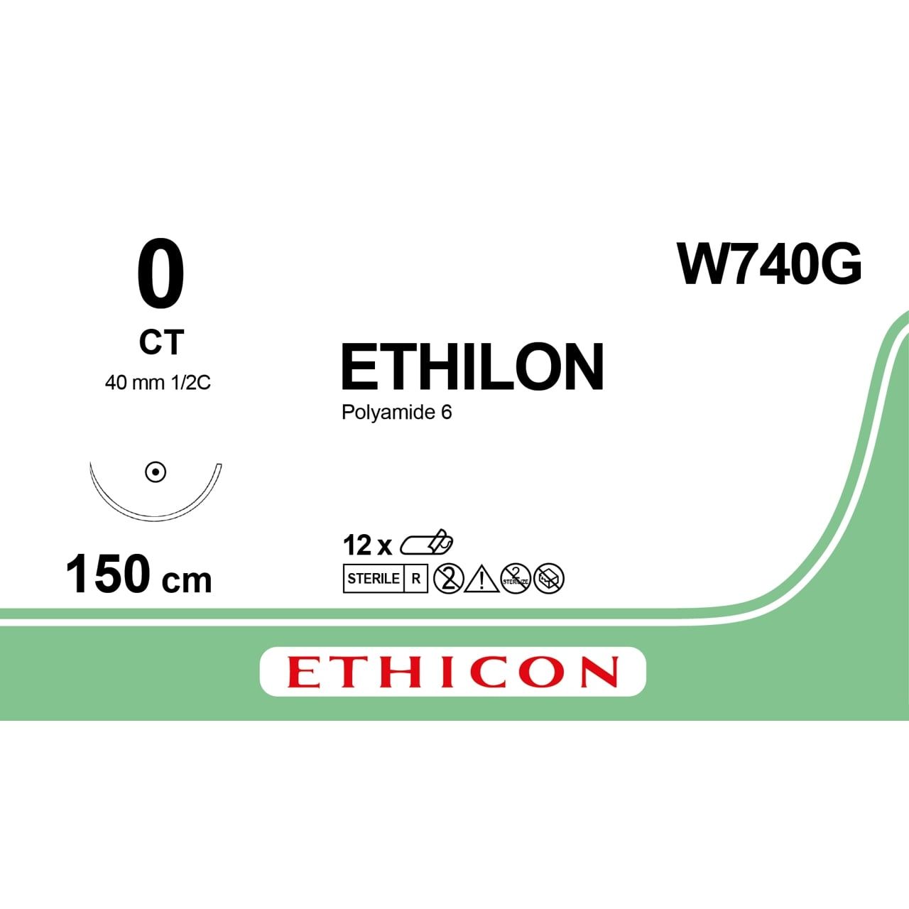 Ethicon ETHILON Black Monofilament Non - Absorbable Surgical Suture USP 0 60 in (150 cm) Black CT Taper Point Needle 48 mm 1/2 Circle W740G (Box of 12) - W740G