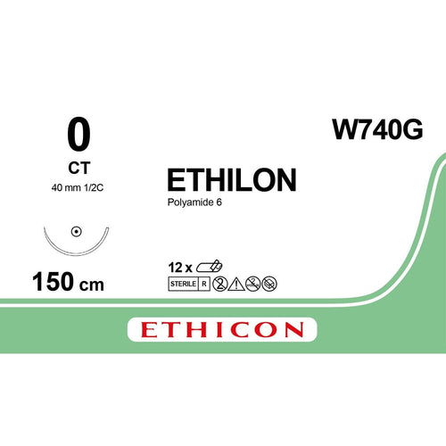 Ethicon ETHILON Black Monofilament Non - Absorbable Surgical Suture USP 0 60 in (150 cm) Black CT Taper Point Needle 48 mm 1/2 Circle W740G (Box of 12) - W740G