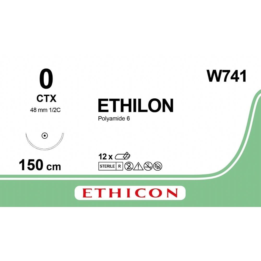 Ethicon ETHILON Black Monofilament Non - Absorbable Surgical Suture USP 0 60 in (150 cm) Black CTX Loop Taper Point Needle 48 mm 1/2 Circle W741 (Box of 12) - W741