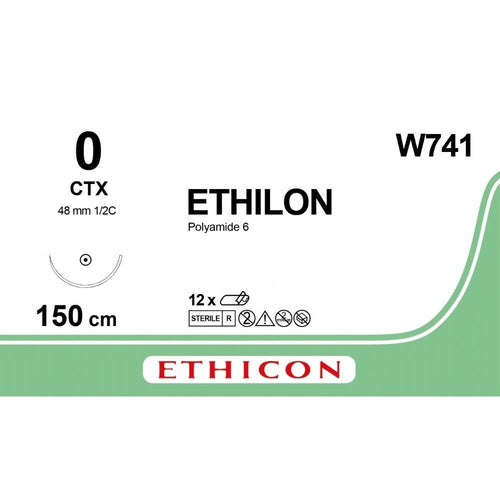 Ethicon ETHILON Black Monofilament Non - Absorbable Surgical Suture USP 0 60 in (150 cm) Black CTX Loop Taper Point Needle 48 mm 1/2 Circle W741 (Box of 12) - W741