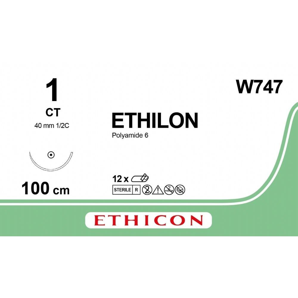 Ethicon ETHILON Black Monofilament Non - Absorbable Surgical Suture USP 1 40 in (100 cm) Black CT Taper Point Needle 48 mm 1/2 Circle W747 (Box of 12) - W747