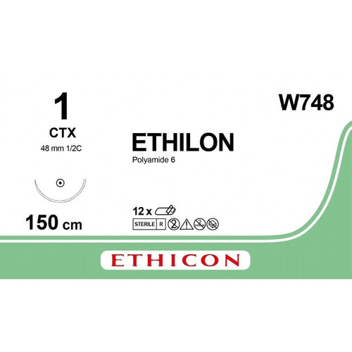 Ethicon ETHILON Black Monofilament Non - Absorbable Surgical Suture USP 1 60 in (150 cm) Black CTX Loop Taper Point Needle 48 mm 1/2 Circle W748 (Box of 12) - W748