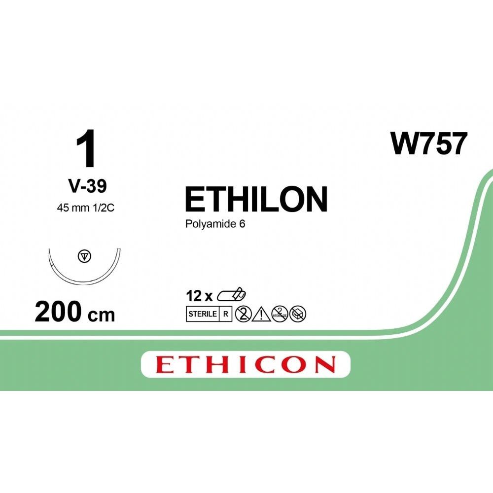 Ethicon ETHILON Black Monofilament Non - Absorbable Surgical Suture USP 1 79 in (200 cm) Black V - 39 Loop Taper Point Needle 39 mm 1/2 Circle W757 (Box of 12) - W757