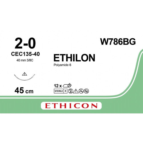 Ethicon ETHILON Black Monofilament Non - Absorbable Surgical Suture USP 2 - 0 18 in (45 cm) Black CEC135 - 40 Prime Reverse Cutting Needle 40 mm 1/2 Circle W786BG (Box of 12) - W786BG