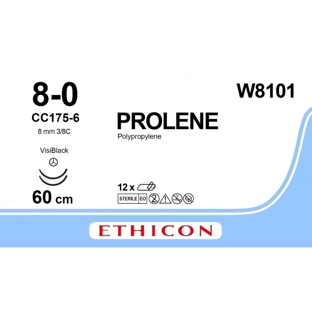Ethicon PROLENE Polypropylene Blue Non - Absorbable Microsurgical Suture USP 8 - 0 60 cm Assorted Needle Configurations W8101 (Box of 12) - W8121