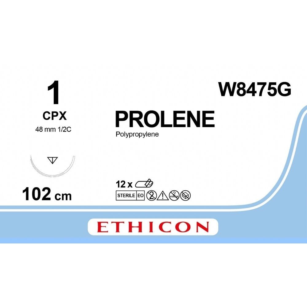 Ethicon PROLENE Polypropylene Blue Non - Absorbable Surgical Suture USP 1 100 cm CPX Reverse Cutting Needle (48 mm) W8475G (Box of 12) - W8475G