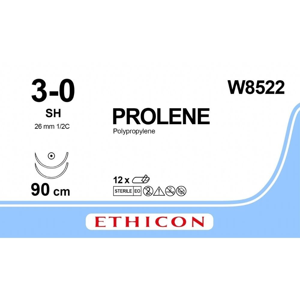 Ethicon PROLENE Polypropylene Blue Non - Absorbable Veterinary Surgical Suture USP 3 - 0 90 cm Double - Armed SH Taper Point Needles (26 mm) W8522 (Box of 12) - W8522