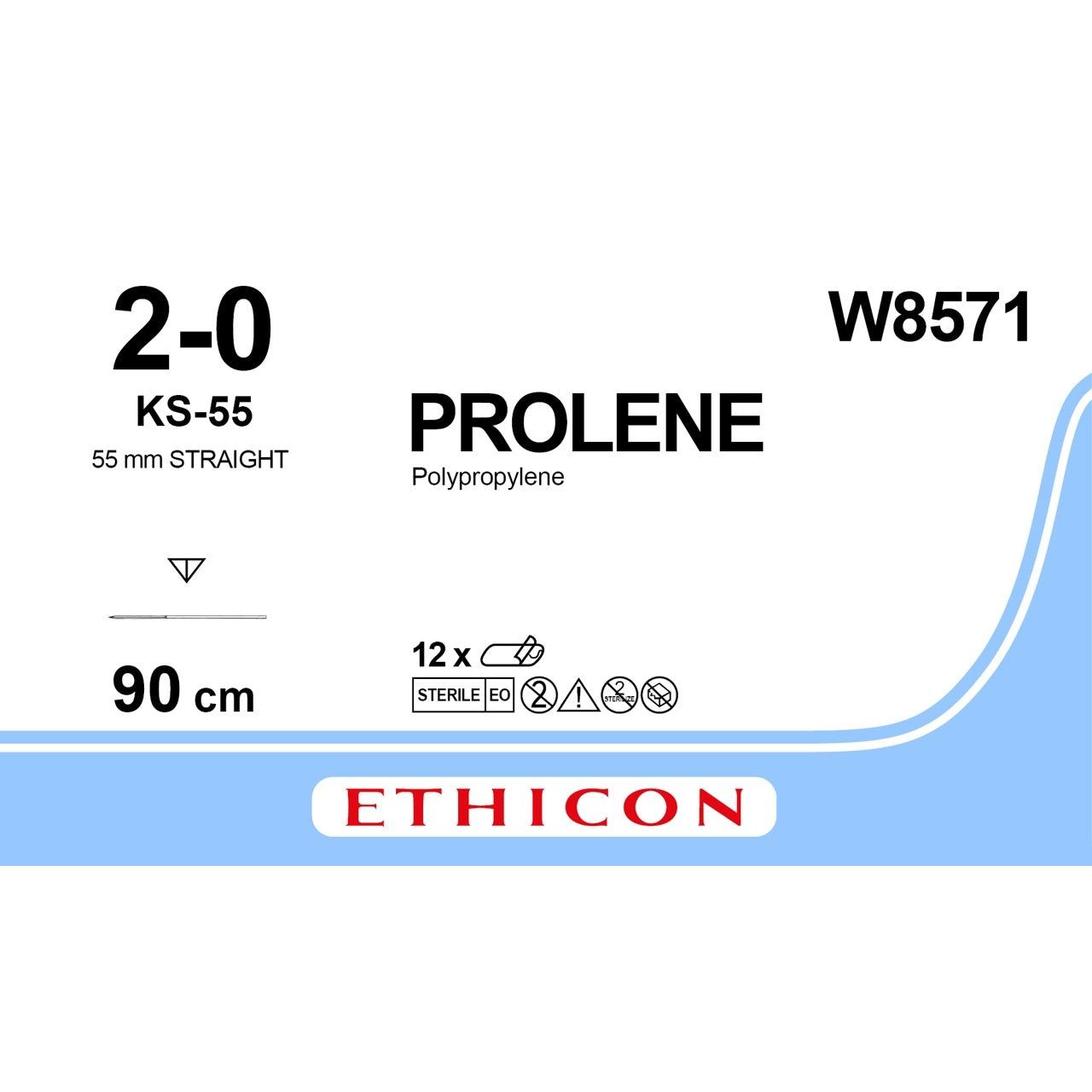 Ethicon PROLENE® Polypropylene Blue Non - Absorbable Veterinary Surgical Suture – USP 2 - 0 – 90 cm – KS - 55 Reverse Cutting Needle (55 mm) – W8571 (Box of 12) - SutureW8571