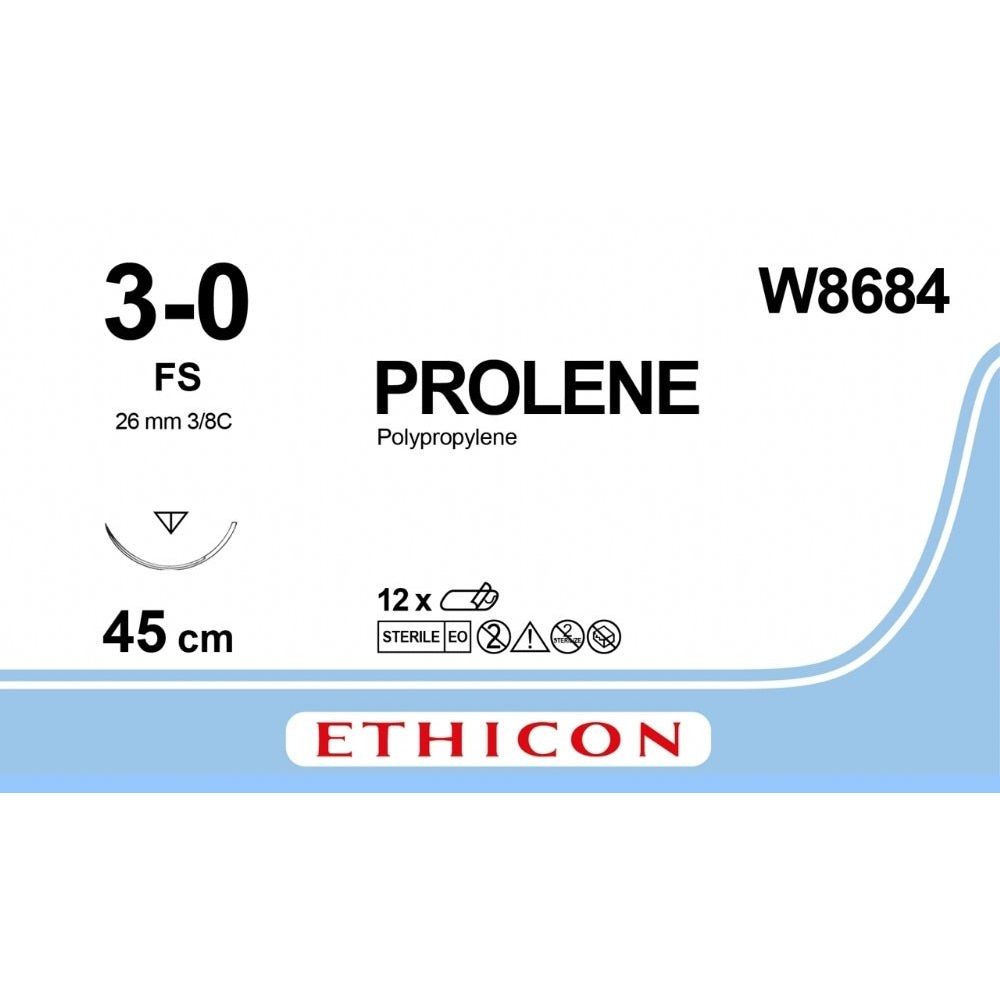 Ethicon PROLENE Polypropylene Blue Non - Absorbable Veterinary Surgical Suture USP 3 - 0 45 cm FS Reverse Cutting Needle (26 mm) W8684 (Box of 12) - W8684