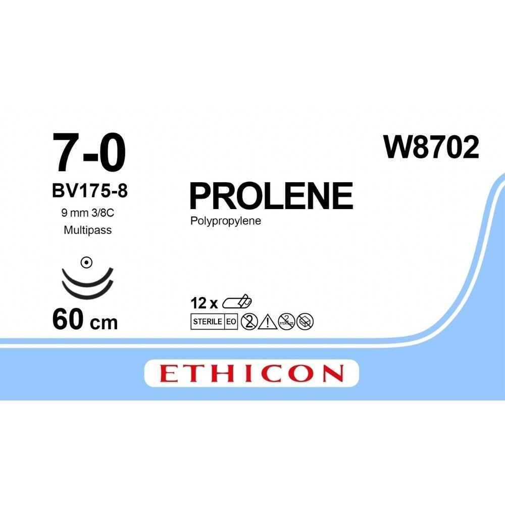 Ethicon PROLENE Polypropylene Blue Non - Absorbable Microsurgical Suture USP 7 - 0 60 cm BV - 175 - 8 Taper Point Needle W8702 (Box of 12) - W8702