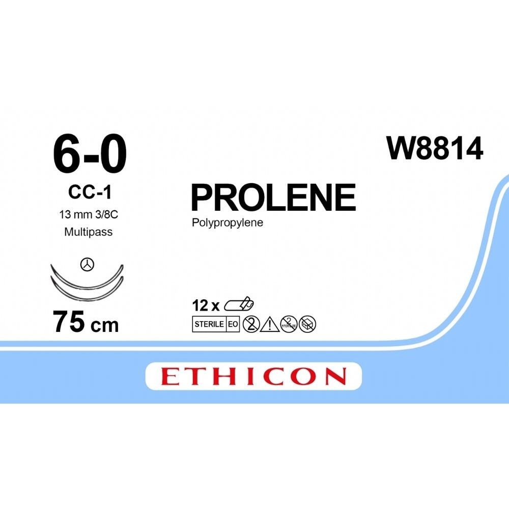 Ethicon PROLENE Polypropylene Blue Non - Absorbable Veterinary Surgical Suture USP 6 - 0 75 cm Double - Armed CC - 1 MULTIPASS TAPERCUT CC Needles (13 mm) W8814 (Box of 12) - W8814