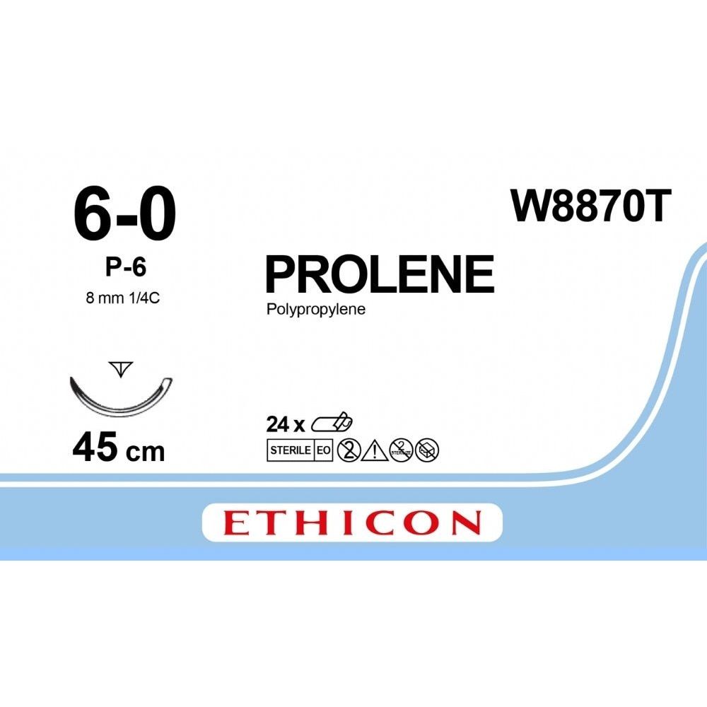 Ethicon PROLENE Polypropylene Blue Non - Absorbable Surgical Suture USP 6 - 0 45 cm P - 6 PRIME Reverse Cutting Needle W8870T (Box of 24) - W8870T
