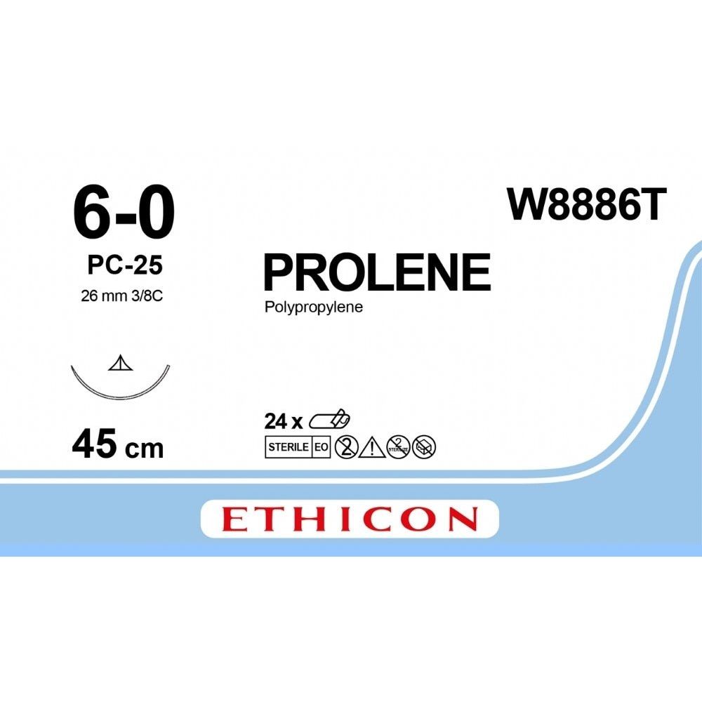 Ethicon PROLENE Polypropylene Blue Non - Absorbable Veterinary Surgical Suture USP 6 - 0 45 cm PC - 25 PRIME Conventional Cutting Needle (26.2 mm) W8886T (Box of 24) - W8886T