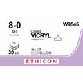 Ethicon VICRYL Coated Polyglactin 910 Braided Absorbable Surgical Suture – USP 8 - 0 – 30 cm – Violet – Double - Armed Reverse Cutting Prime Needles 8 mm, 1/2 Circle – W9545 (Box of 12) Size: 8 - 0 Colour: Violet Style: Reverse Cutting Prime - W9545