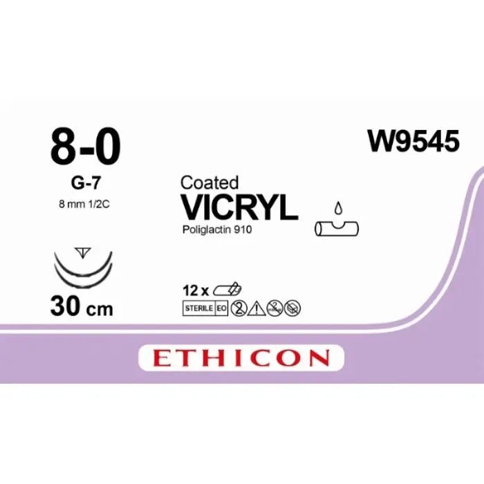 Ethicon VICRYL Coated Polyglactin 910 Braided Absorbable Surgical Suture – USP 8 - 0 – 30 cm – Violet – Double - Armed Reverse Cutting Prime Needles 8 mm, 1/2 Circle – W9545 (Box of 12) Size: 8 - 0 Colour: Violet Style: Reverse Cutting Prime - W9545