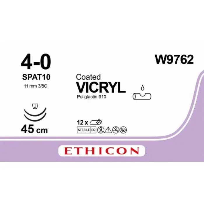 Ethicon VICRYL Polyglactin 910 Braided Absorbable Surgical Suture – USP 4 - 0 – 45 cm – Undyed – Double - Armed Reverse Spatula Needles 11 mm, 3/8 Circle – W9762 (Box of 12) Size: 4 - 0 Colour: Undyed Style: Reverse spatula - W9762