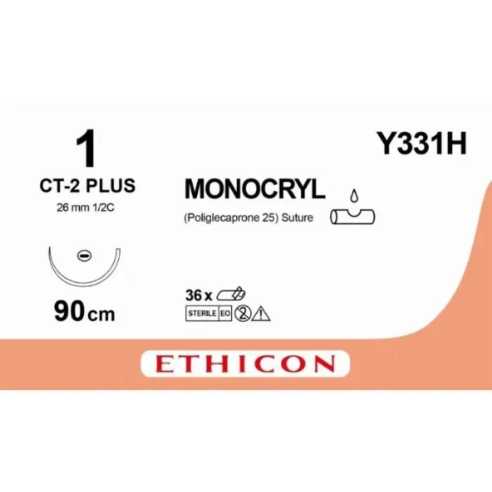 Ethicon MONOCRYL Poliglecaprone 25 Absorbable Monofilament Surgical Suture – USP 1 – 90 cm – Violet – Single - Armed Taperpoint Needle 26 mm – 1/2 Circle – Y331H (Box of 36) Size: 1 Colour: Violet Style: non cutting - Y331H