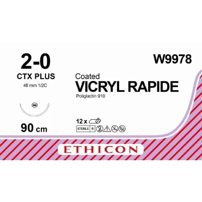 Ethicon VICRYL RAPIDE Braided Polyglactin 910 Absorbable Surgical Suture – USP 2 - 0 – 90 cm – Undyed – Taper Point Plus Needle (48 mm, 1/2 Circle) – W9978 (Box of 12) Size: 2 - 0 Colour: Undyed Style: Taper Point Plus - W9978