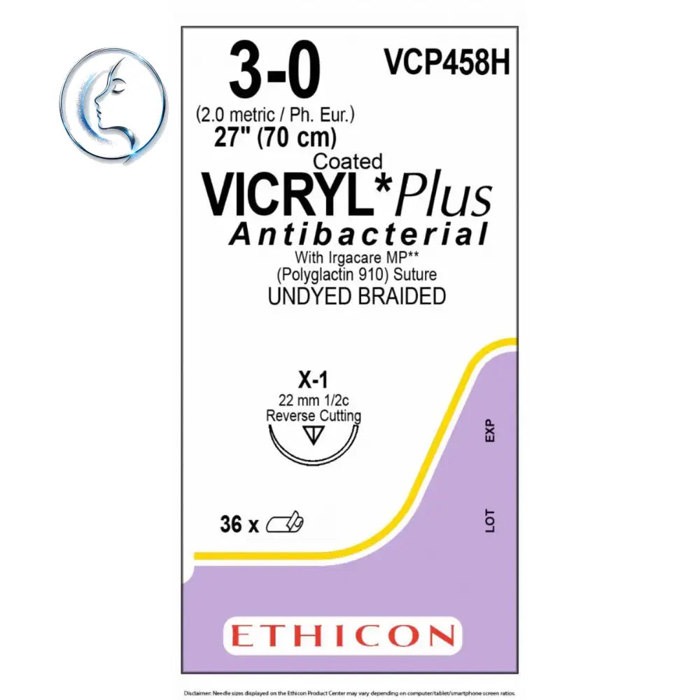 Ethicon vicryl plus antibacterial surgical suture 3-0 undyed braided coated with irgacare mp x-1 needle in purple box