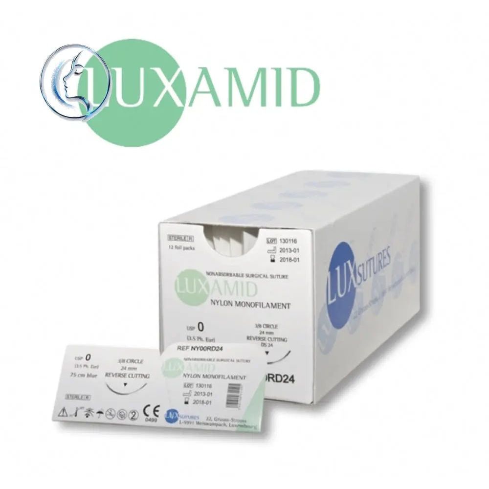 LUXAMID Nylon Non - Absorbable Monofilament Surgical Suture USP 3/0 75 cm Blue HR 20 (20 mm) Reverse Cutting Needle (Box of 12) - NY30HR20